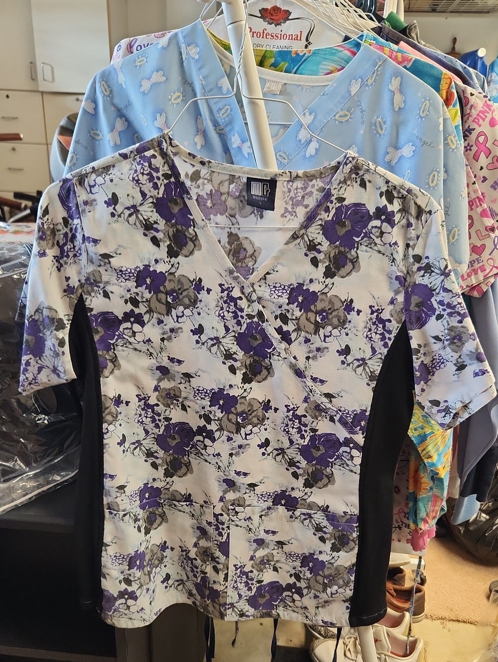 Wrap-Style Medical Tunic Top in Purple Floral with Black Panels